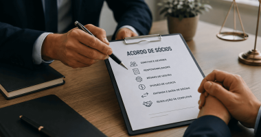 Empresários analisando um acordo de sócios durante uma reunião, com documento contendo regras de gestão, direitos, deveres e resolução de conflitos.
