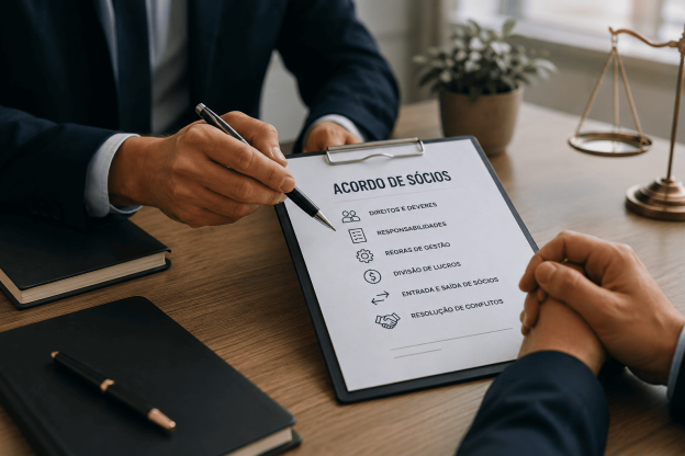 Empresários analisando um acordo de sócios durante uma reunião, com documento contendo regras de gestão, direitos, deveres e resolução de conflitos.