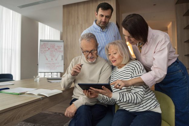 Família reunida em ambiente corporativo analisando informações em um tablet durante uma reunião de planejamento para a gestão e sucessão de uma empresa familiar.