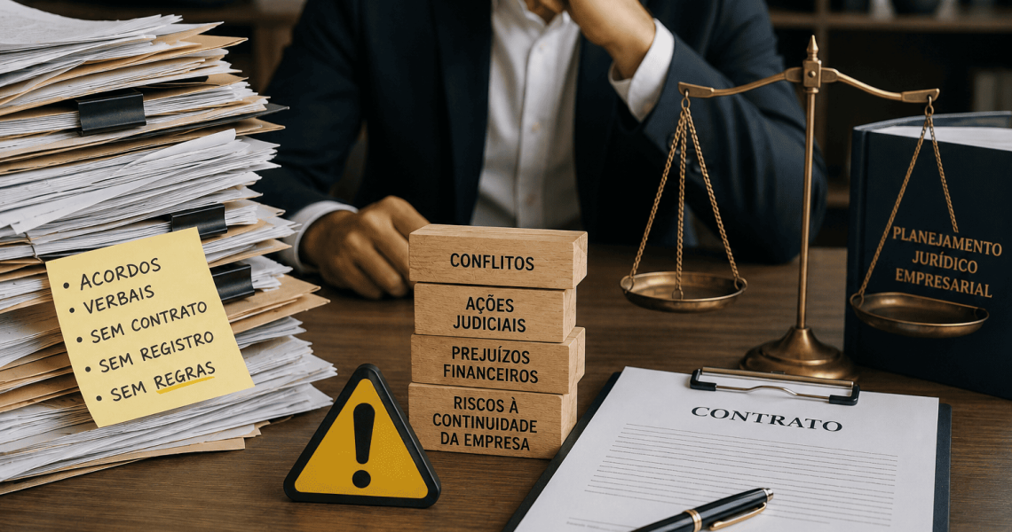 Empresário impedindo a queda de blocos que representam falhas de gestão, simbolizando a redução dos riscos jurídicos empresariais por meio de planejamento e organização.