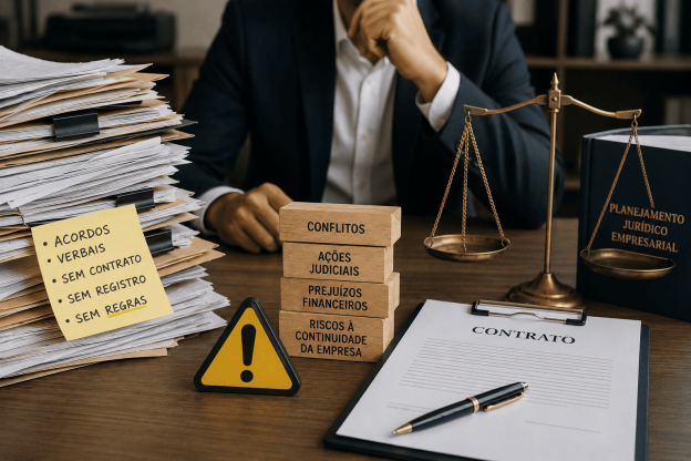 Empresário impedindo a queda de blocos que representam falhas de gestão, simbolizando a redução dos riscos jurídicos empresariais por meio de planejamento e organização.