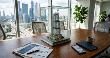 Mesa de reuniões com maquete de edifício em cúpula de vidro, relatórios financeiros e vista corporativa para a cidade, representando a gestão de riscos empresariais.