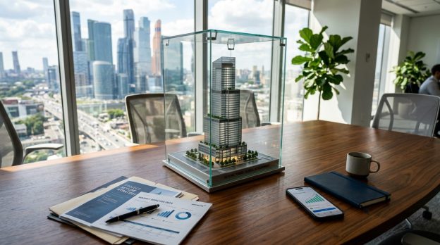 Mesa de reuniões com maquete de edifício em cúpula de vidro, relatórios financeiros e vista corporativa para a cidade, representando a gestão de riscos empresariais.