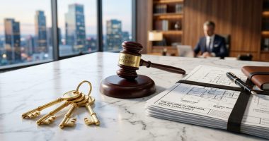 Mesa de escritório com martelo de juiz com inscrição Asset Protection, chaves douradas e documentos de holding patrimonial.