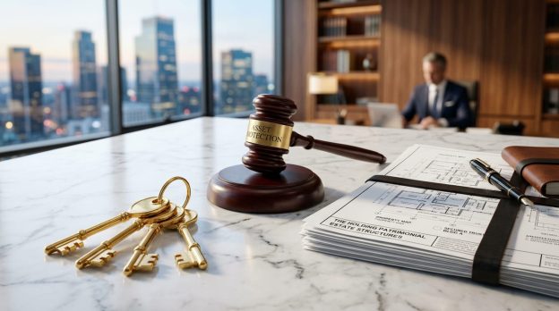 Mesa de escritório com martelo de juiz com inscrição Asset Protection, chaves douradas e documentos de holding patrimonial.