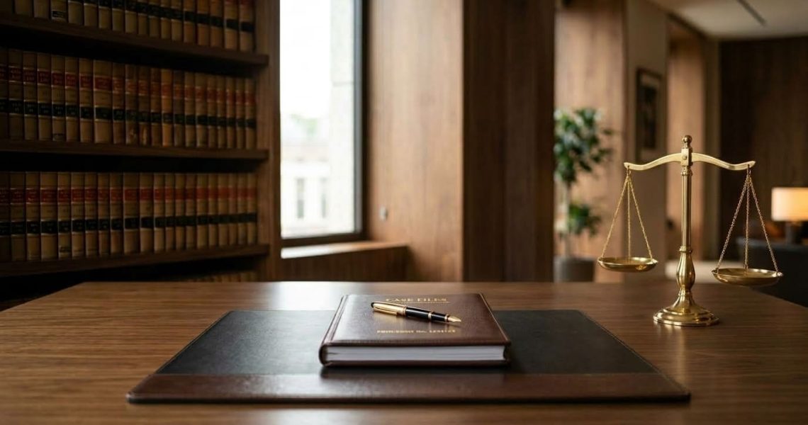 Mesa de escritório de advocacia com balança da justiça, livros jurídicos e pasta de planejamento sobre os impactos da reforma tributária.
