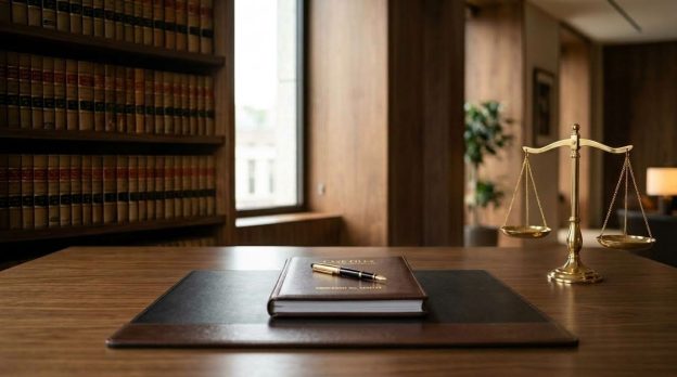 Mesa de escritório de advocacia com balança da justiça, livros jurídicos e pasta de planejamento sobre os impactos da reforma tributária.
