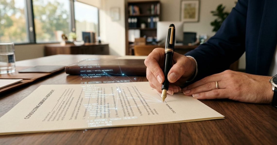 Advogado assinando contrato com caneta-tinteiro sobre documento com projeção digital, ilustrando o uso de inteligência artificial e contratos.